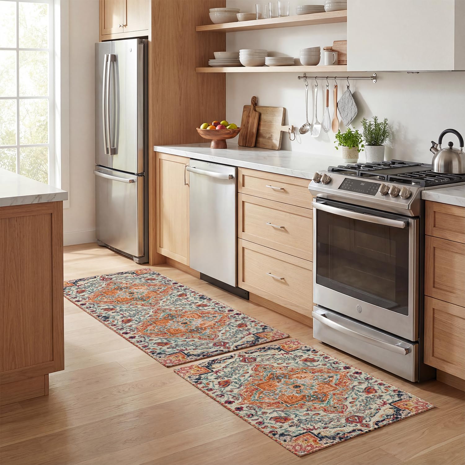 Artoid Mode Orange Flowers Bohemia Absorbent Non-Skid Kitchen Mats Set of 2, Home Mats Washable Natural Rubber Back Kitchen Rugs for Floor - 17x29 and 17x47 Inch