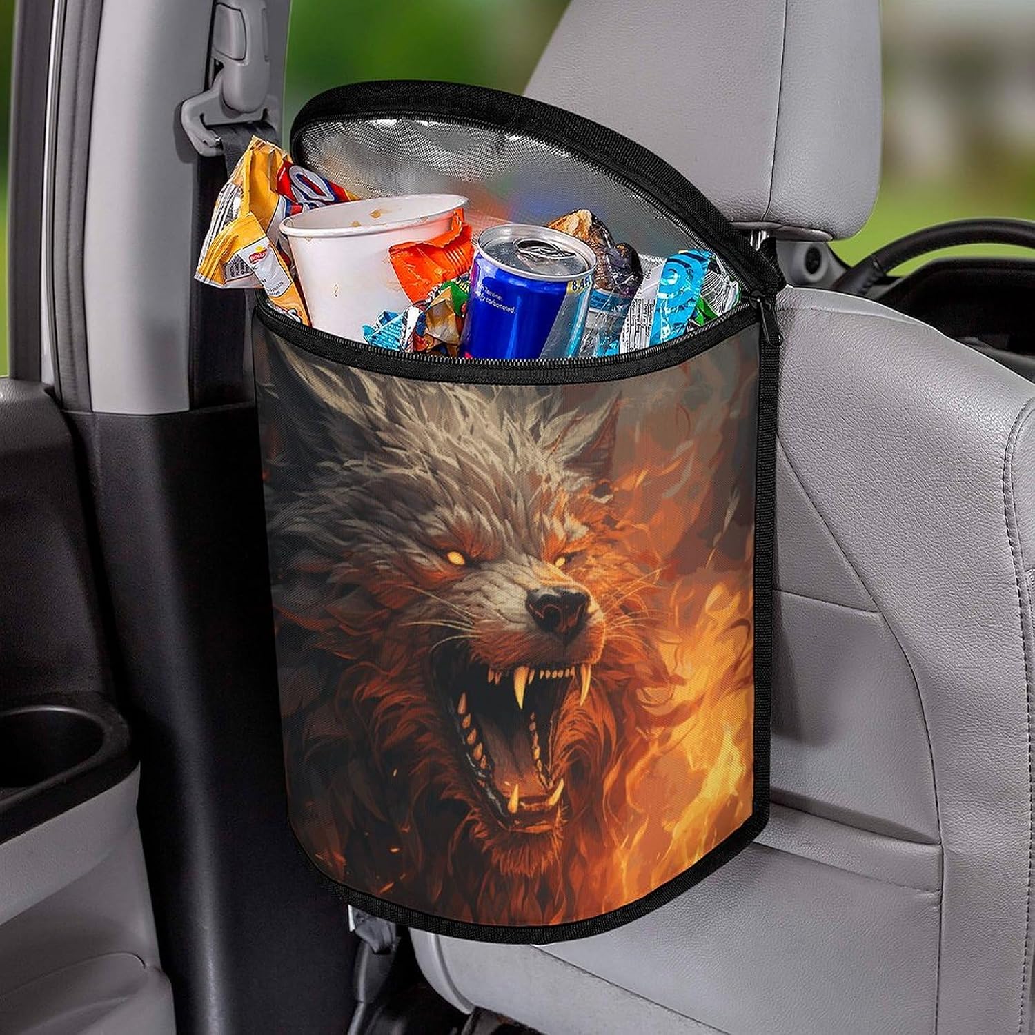 Wild Wolf in The Fire Car Trash Can Bin Bag Waterproof Car Garbage Can Bag Trash Can for Car Car Trash Can for Women Men Garbage Can for Car Car Trash Can with Lid Trash for Car Trucks Rvs