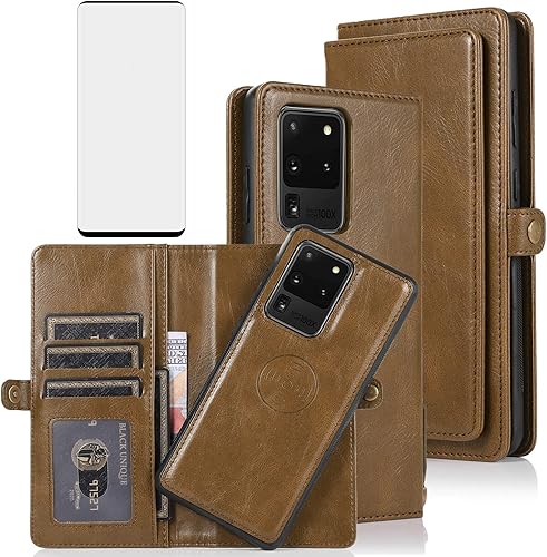 Asuwish Funda de teléfono para Samsung Galaxy S20 Ultra Glaxay S20ultra 5G Wallet Funda desmontable con protector de pantalla de vidrio templado y