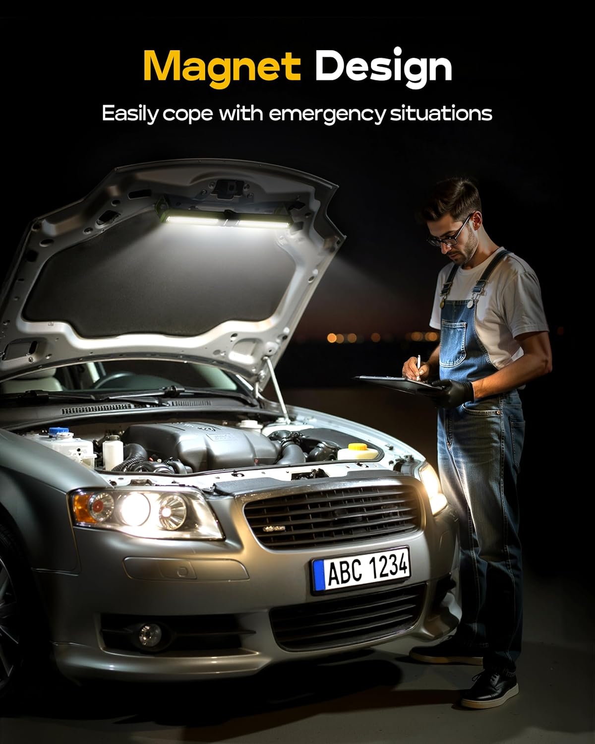 Work Light - 5200mAH Foldable Magnetic Under Hood Working Light with Hooks, Portable Magnetic Rechargeable Cordless 3300LM Job Site Lighting for Mechanic/Car Repairing/Garage