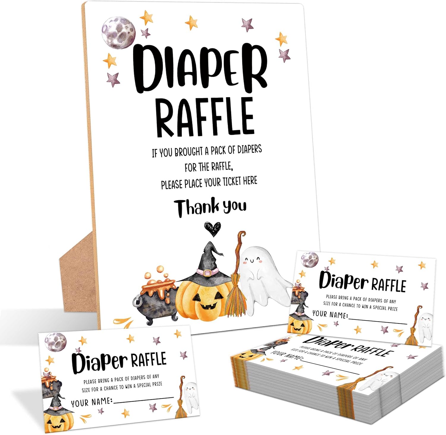 Halloween Baby Shower Diaper Raffle, Pack of 1 Wooden Tabletop Sign with Stand and 50 Diaper Raffle Tickets, Pumpkin Ghost Baby Shower Game, Gender Reveal Party Decorations - EH01