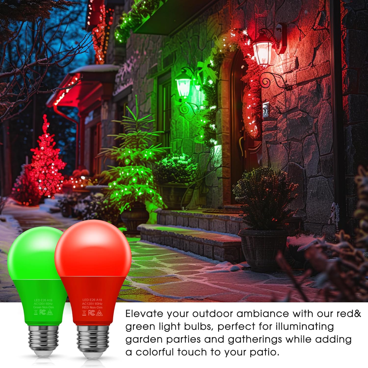 Briignite Red Green Light Bulbs [2 Pack], Christmas Light Bulbs, A19 E26 LED Red Light Bulb Outdoor, Green Light Bulb 9W (60 Watt Equivalent) for Porch Light Christmas Party Home Decor