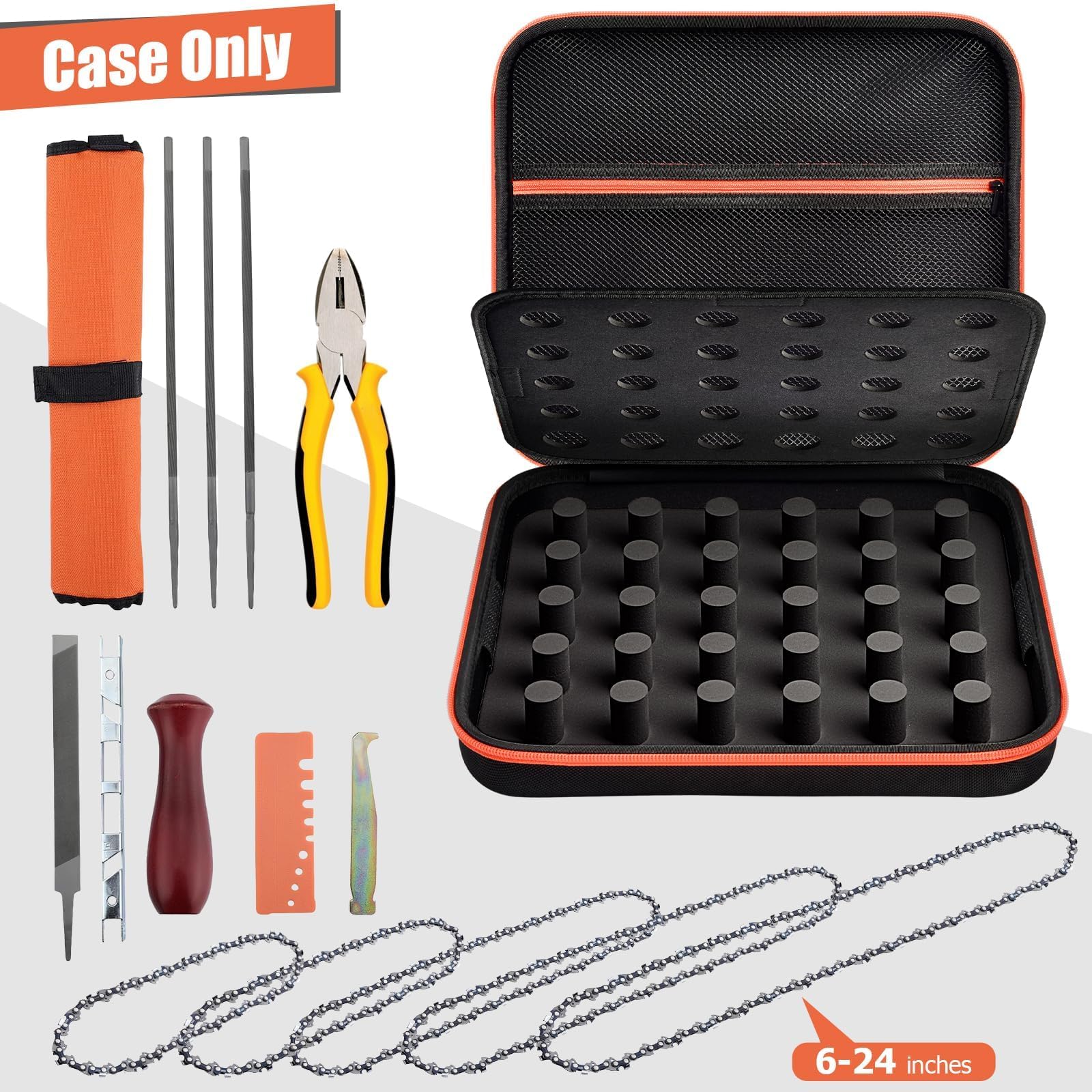 Estuche de almacenamiento de cadena de motosierra compatible con KAKEI/para Stihl/para DEWALT/para NEO-TEC/para UPFOREST/para cadenas Oregon 6-12 piezas, soporte organizador de transporte para