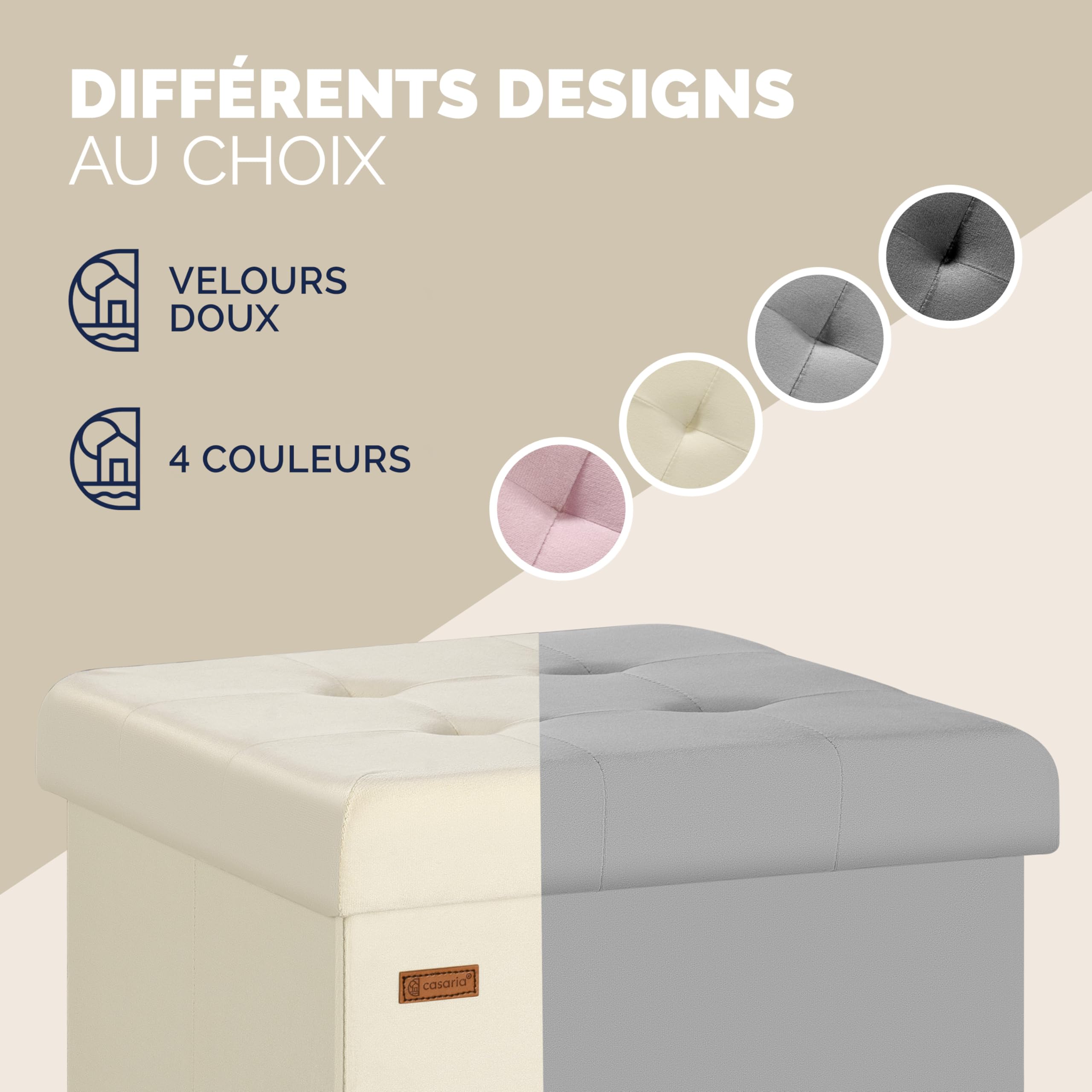 Casaria® Tabouret Cube avec Espace de Rangement Velours Beige Petit Pouf Pliable 38 x 38 x 38 cm Coffre de Rangement Repose-Pied Coffre à Jouet Salon Chambre