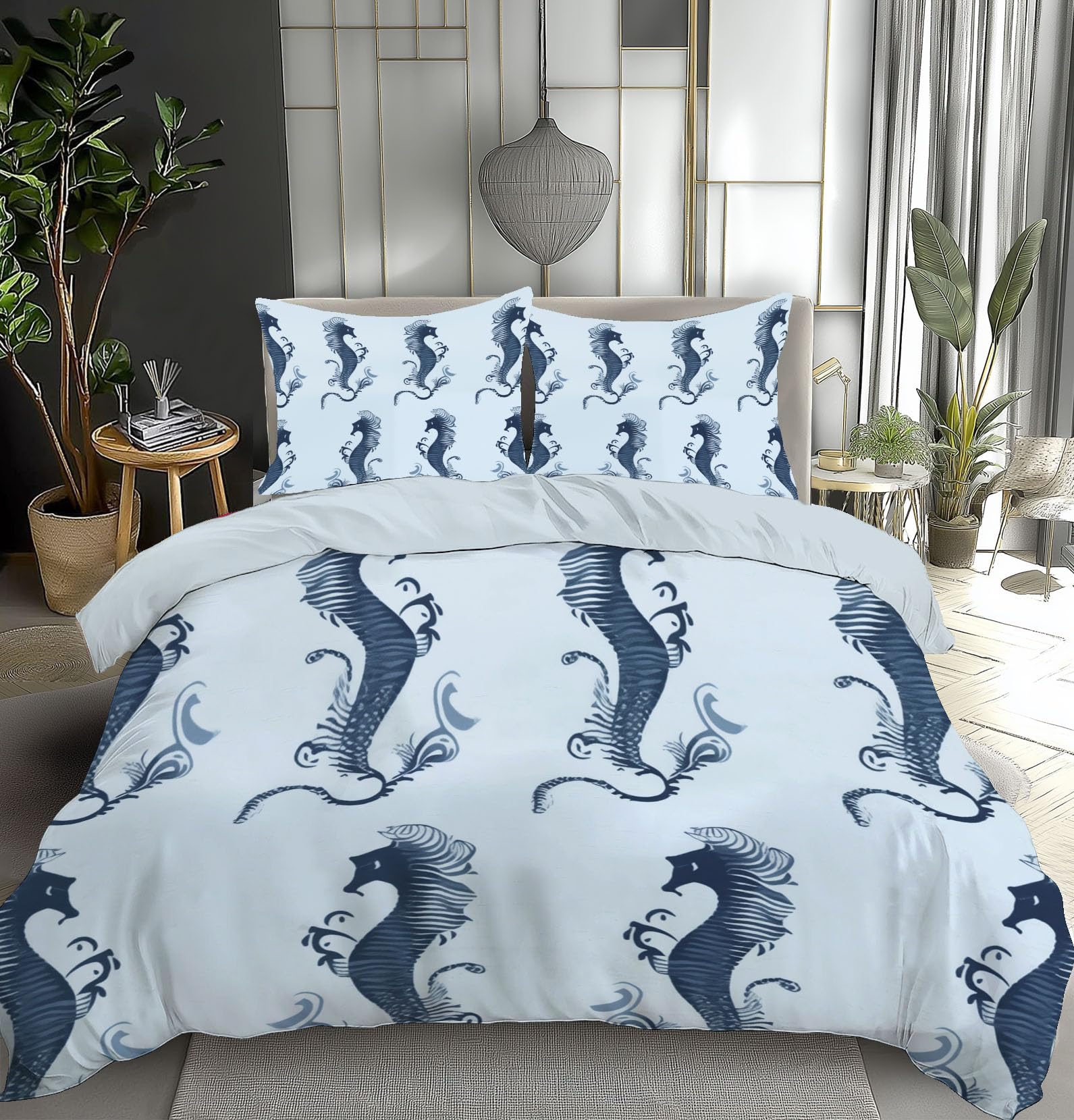 Housse de couette 200x200cm hippocampe pour une chambre ambiance marine et zen