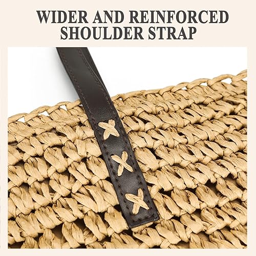 Miniatura 3 de VODIU Bolsos de hombro de paja para mujer, bolso de verano para playa, viaje, gran capacidad, asa de piel sintética, bolsa de comprador
