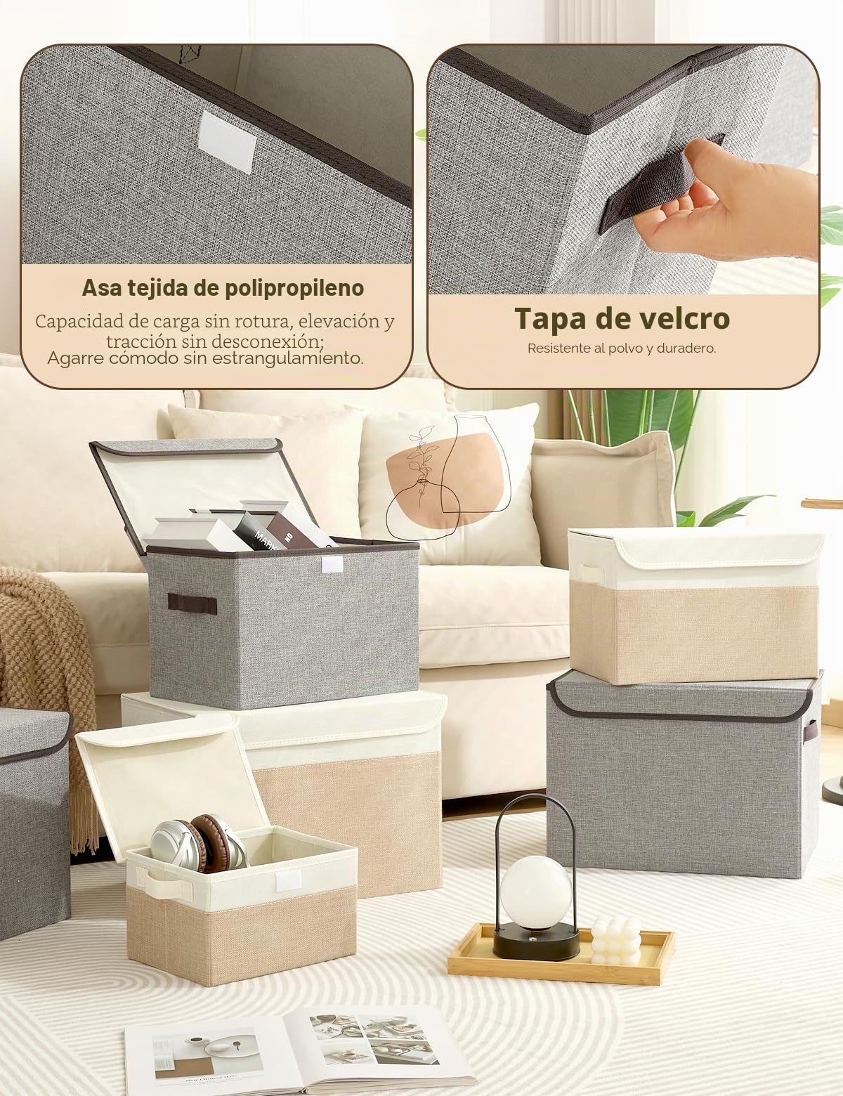 Bagnizer Cajas Almacenaje con Tapa, Set de 3 Plegable Cestas Organizadoras con Asas, Cajas Organizadoras Ropa para Libros, Mantas, Sábanas, Blanco y Beige, 25×20×15cm