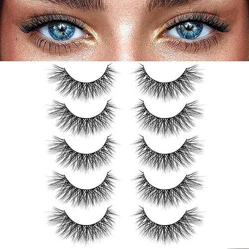 Pestañas postizas naturales, pestañas postizas suaves y finas, visón sintético, 0.472 in, esponjosas y rizadas, pestañas postizas 3D, 5 pares