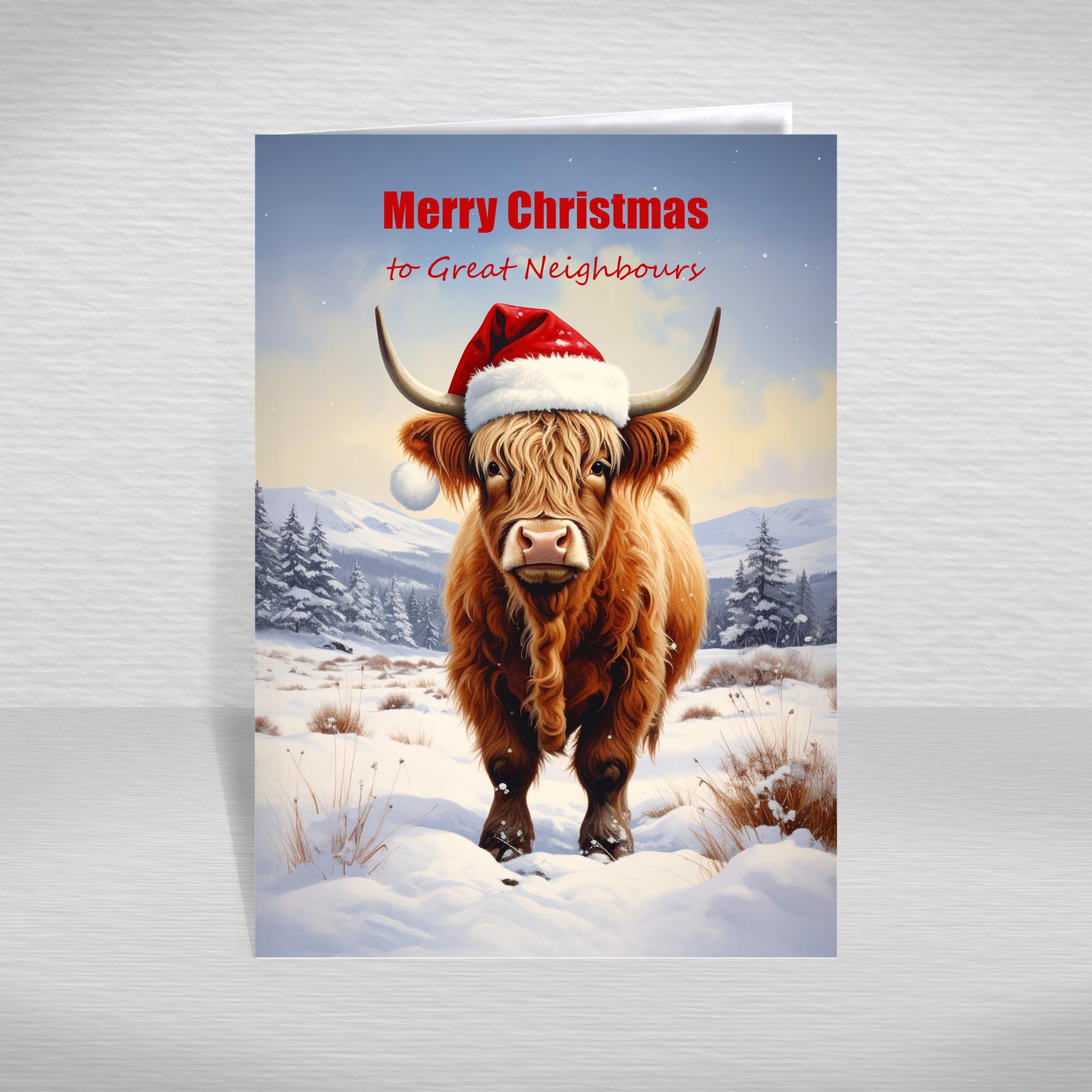 Funny Christmas Card for Great Neighbours, Next Door – Humourous Scottish Highland Cow Wearing a Santa Hat, A5 Luxury Greeting Card with a Special Verse: Great Neighbours Christmas Card — image 1