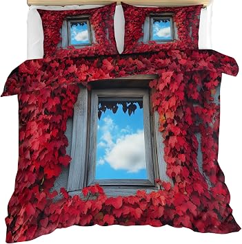 Red Bedding Duvet Cover, Red Leaves Comforter with Zipper & Ties, Countryside Duvet Cover with 2 Pillowcases, Reversible Bedroom Bedding Set, Full Size