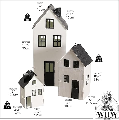 Miniatura 4 de Main Street Town House - Juego de 3 faroles para velas, estilo vintage, techos negros rústicos, paredes blancas, metal, 13.75, 8.25 y 5 pulgadas de