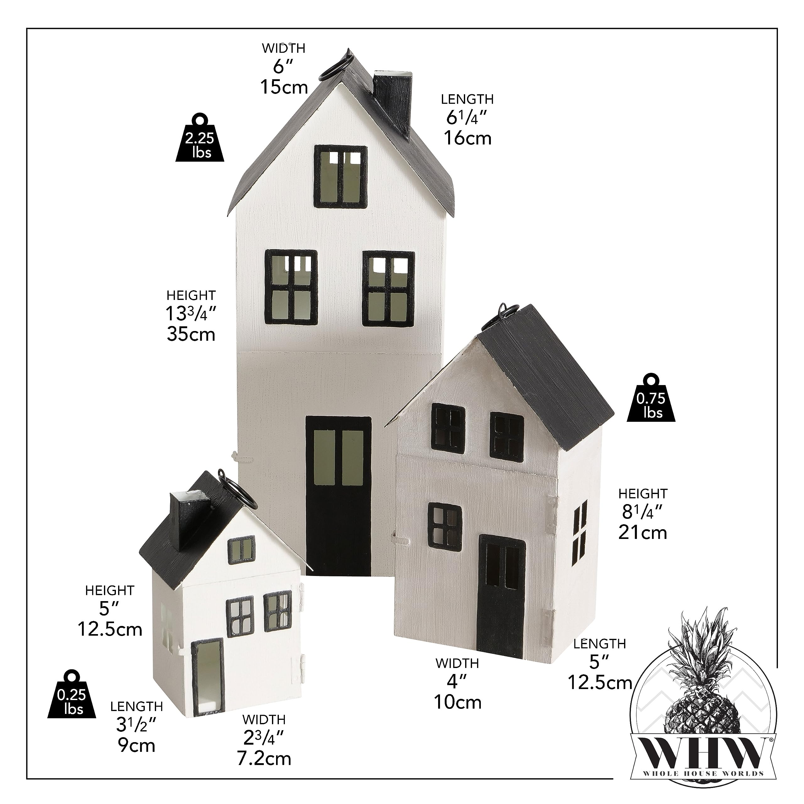 Main Street Town House - Juego de 3 faroles de vela, estilo vintage, techos negros rústicos, paredes blancas, metal, 13.75, 8.25 y 5 pulgadas de alto