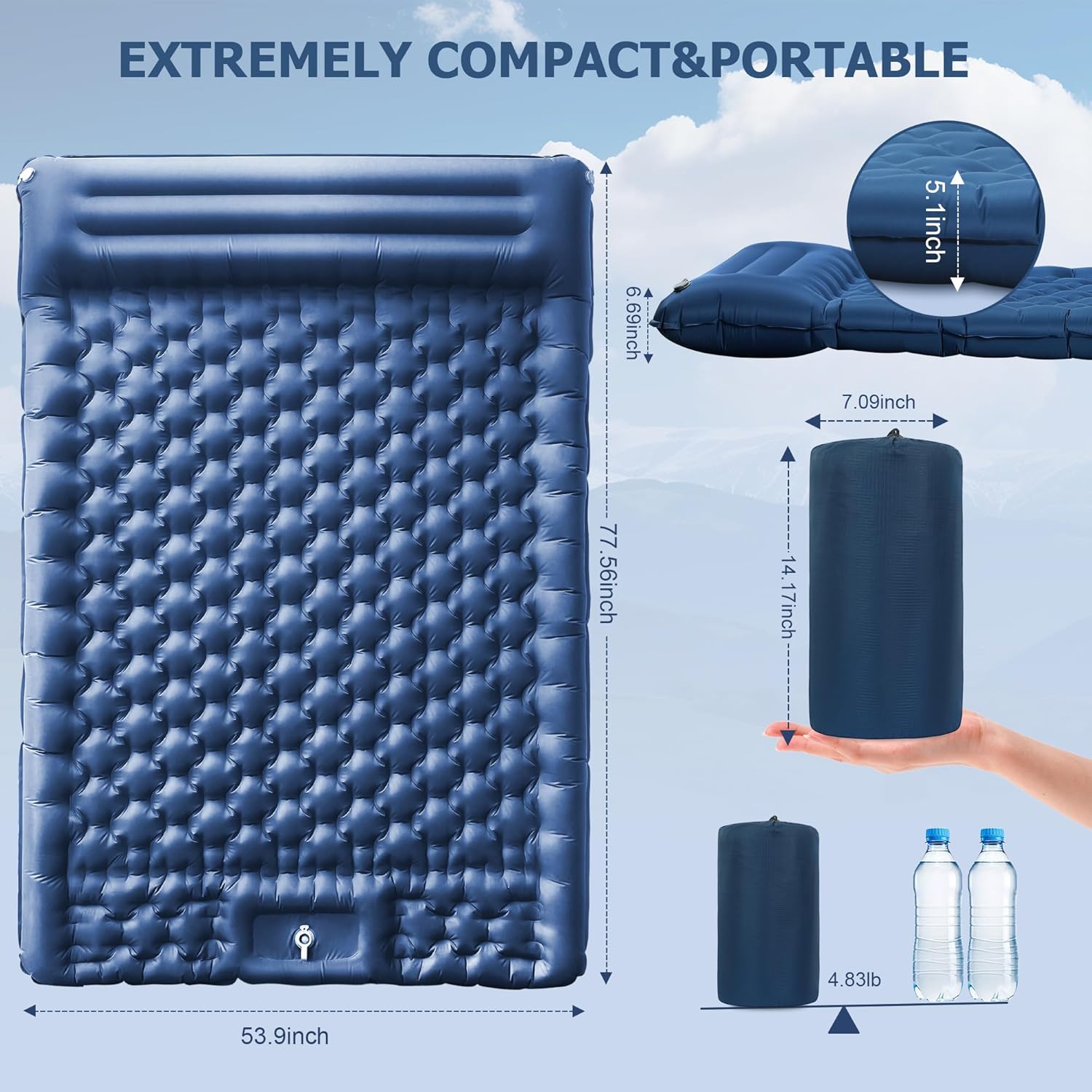 5.1" Thick Double Sleeping Pad with Foot Pump & Pillow, 77.5x53.9 2-Person Air Mattress for Camping, Ultralight & Compact for Backpacking, Hiking, Car Travel Navy Blue
