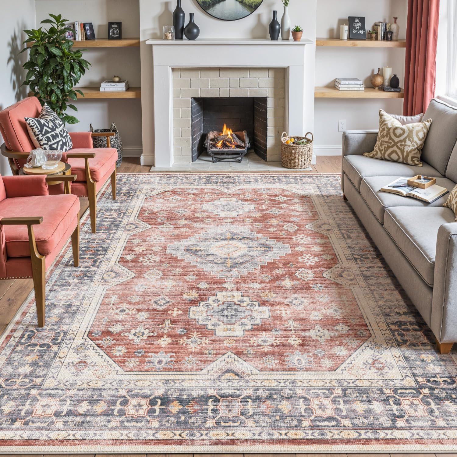 Photo 1 of DEXI Area Rugs for Living Room, 8x10 Washable Low Pile Vintage Traditional Rug for Bedroom, Non Slip Large Indoor Carpet for Dining Office Nursery, Taupe Brown