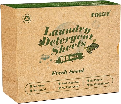 Poesie Hojas de detergente para ropa, aroma fresco, ecológicas, 160 hojas, transparente, sin plástico, hipoalergénicas, líquidos, menos hojas de