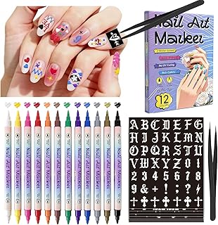 Nail Art Acrylic Marker Pens with Stencils, 12 Colors Dual-Tip Water-Based Markers + 7 Sheets Heart Butterfly Flowers Star Nail Stickers, Quick-Dry DIY Nail Design Tools with Tweezers for Women Girls