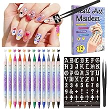 Nail Art Acrylic Marker Pens with Stencils, 12 Colors Dual-Tip Water-Based Markers + 7 Sheets Heart Butterfly Flowers Star Nail Stickers, Quick-Dry DIY Nail Design Tools with Tweezers for Women Girls