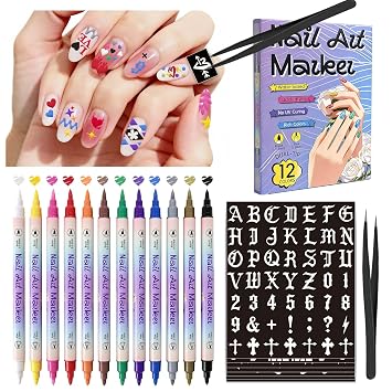 Nail Art Acrylic Marker Pens with Stencils, 12 Colors Dual-Tip Water-Based Markers + 7 Sheets Heart Butterfly Flowers Star Nail Stickers, Quick-Dry DIY Nail Design Tools with Tweezers for Women Girls