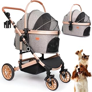 Bicystar 3-in-1 Pet Stroller for Medium Dogs up to 50 lbs - Detachable Carrier, All-Terrain Rubber Wheels, Grey