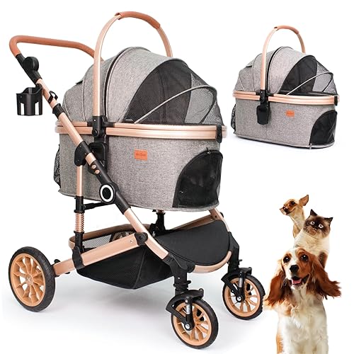 Pet Stroller with 4 Wheels, Foldable Pet Travel Carrier for Small/Medium Dogs Cats up to 50lbs, Detachble Portable Pet Bag, Storage Basket, Car Seat 3 in 1 Multifunctional (Grey) - Grey