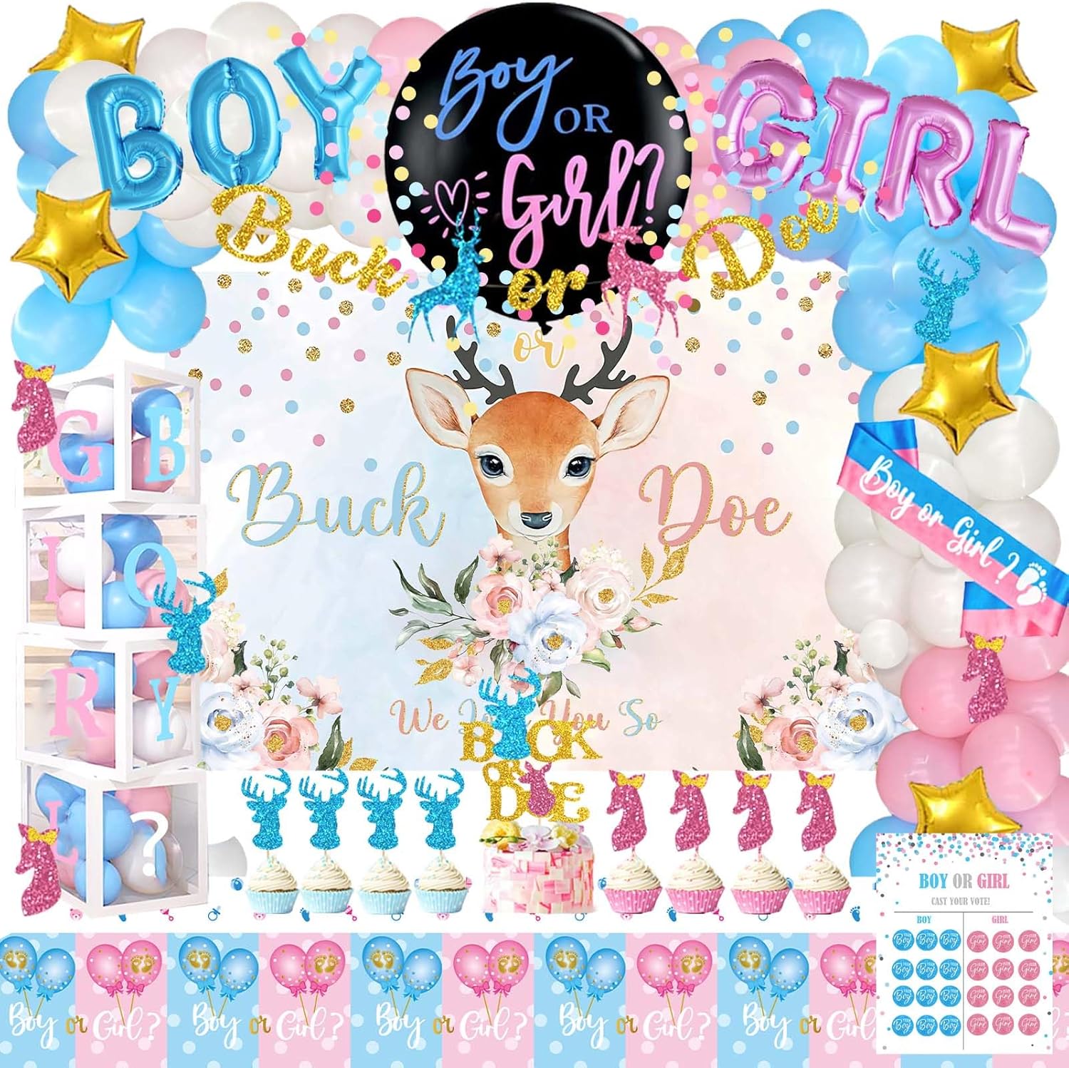 Buck or Doe Gender Reveal Decorations, 169 PCs Boy or Girl Gender Reveal Decorations Backdrop Balloon Garland Banner Tablecloth Cake Cupcake Topper Box Cutout Poster Sash Blue Pink