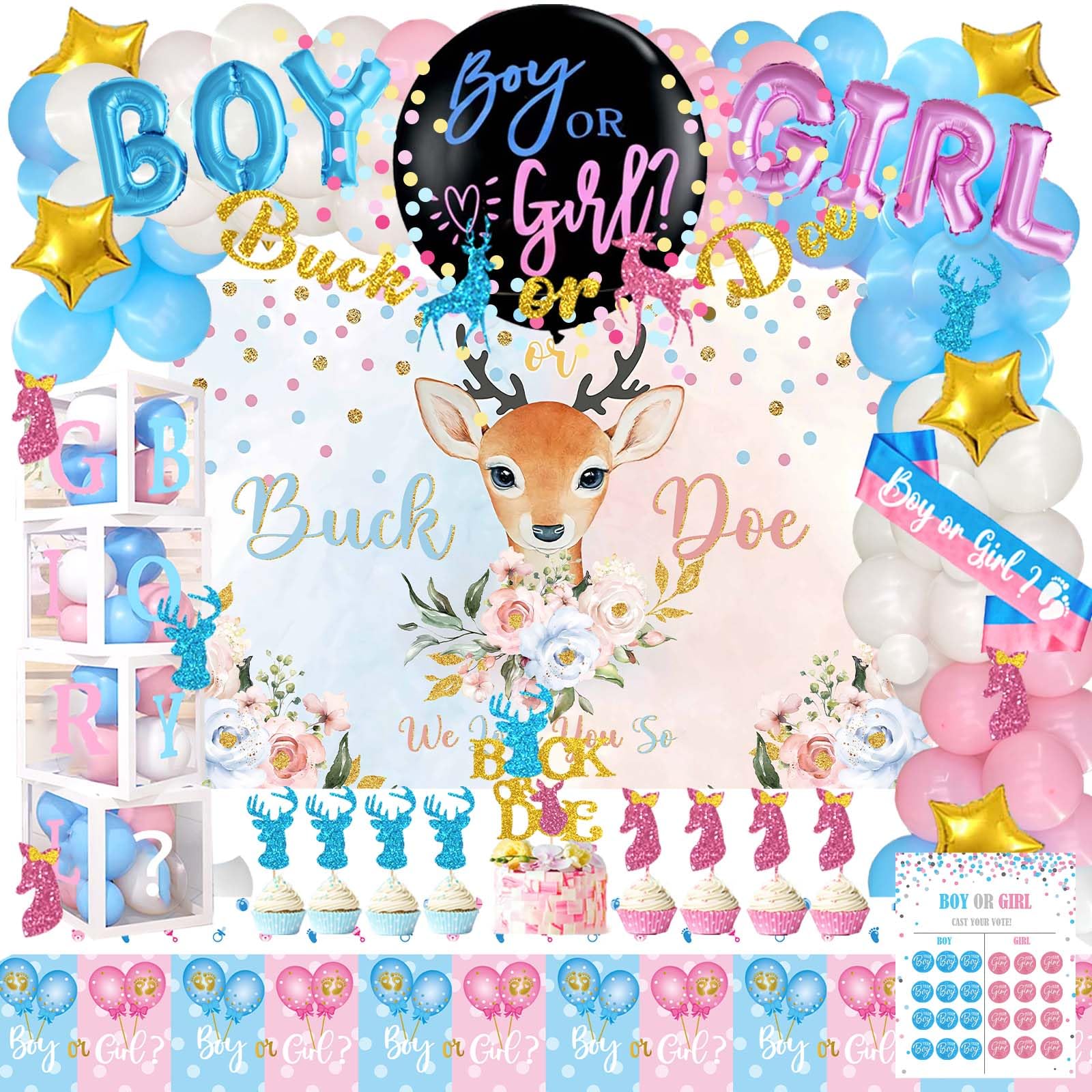Hombae Buck or Doe Gender Reveal Decorations, 169 PCs Boy or Girl Gender Reveal Decorations Backdrop Balloon Garland Banner Tablecloth Cake Cupcake Topper Box Cutout Poster Sash Blue Pink