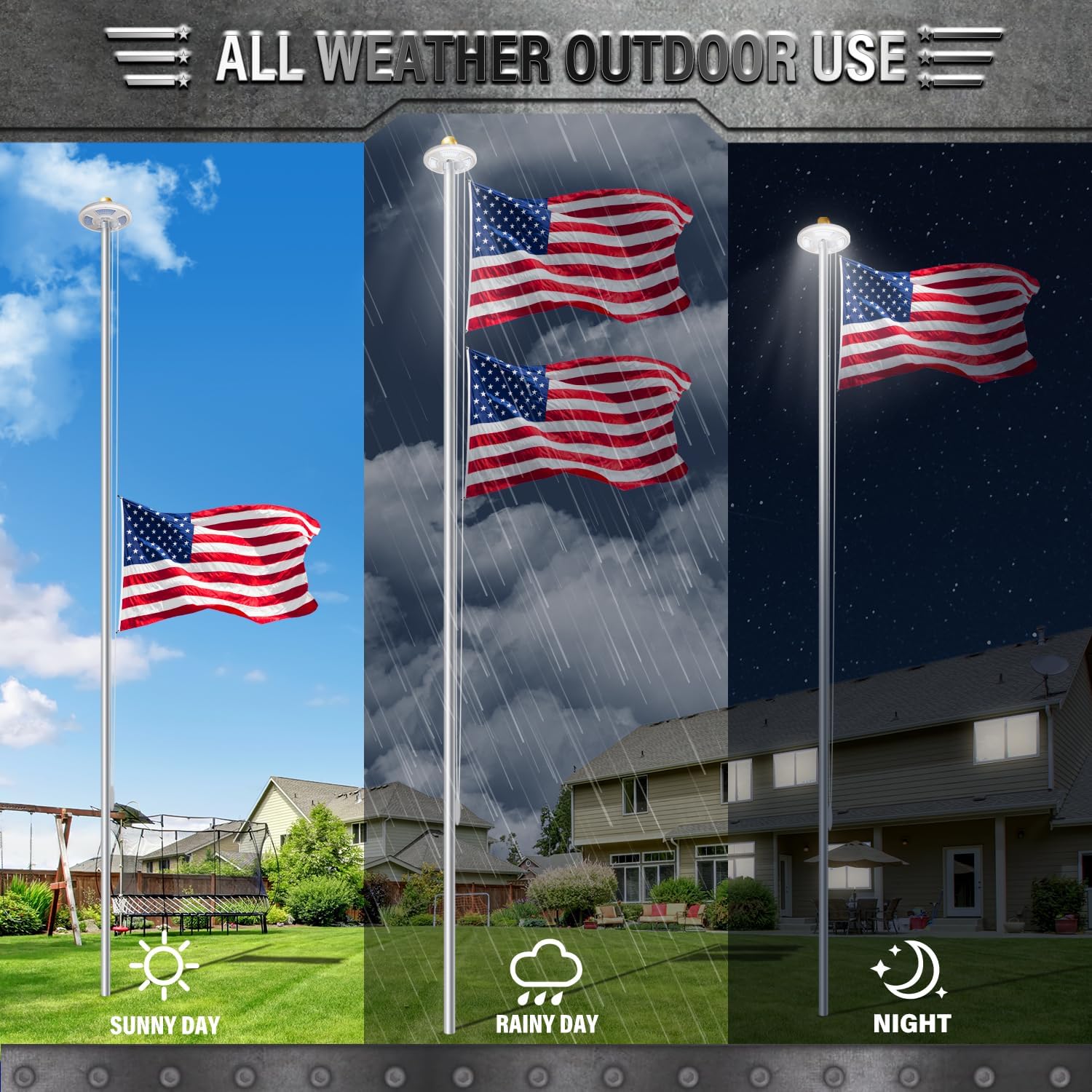 Heavy Duty Flag Pole Kit with Solar Light, 25 FT 13 Gauge Aluminum in Ground Flagpole with 128 LEDs Solar Powered Set for House Outside, with Embroidered American Flag, Residential Commercial, Silver