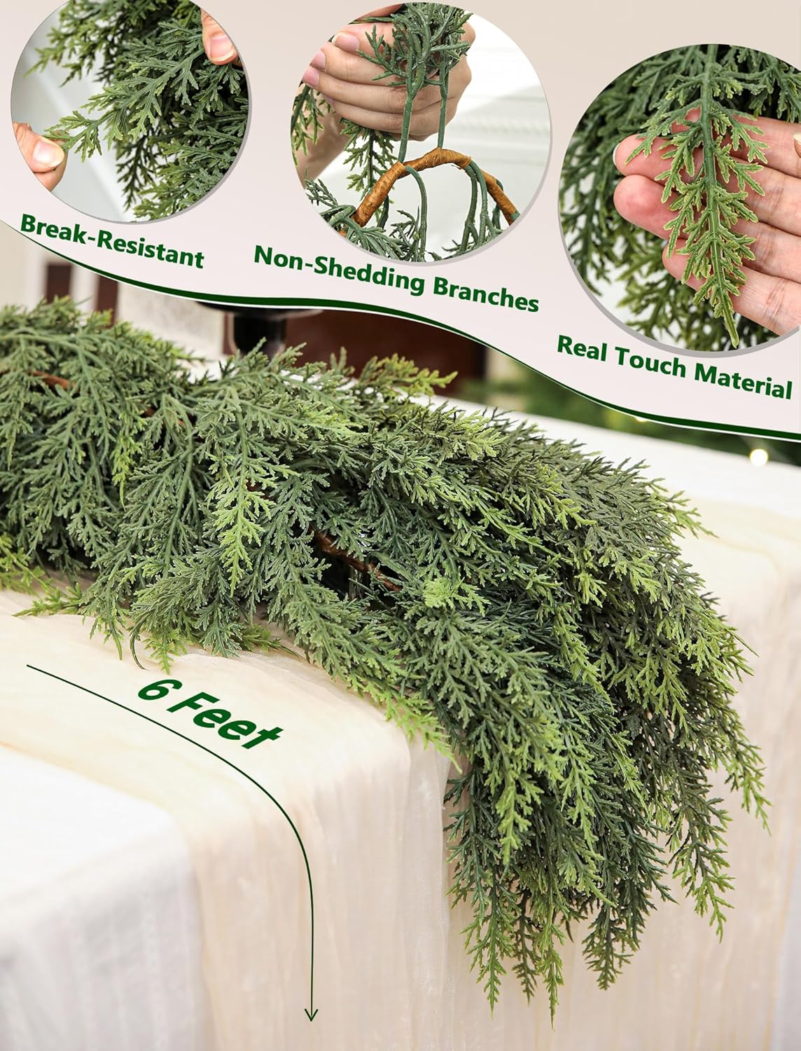 6Ft Real Touch Christmas Cedar Garland, Realistic Full Cedar Garland, Green Artificial Pine Needles Garlands for Mantel, Fireplace, Stairs Railing, Tables, Christmas Decorations