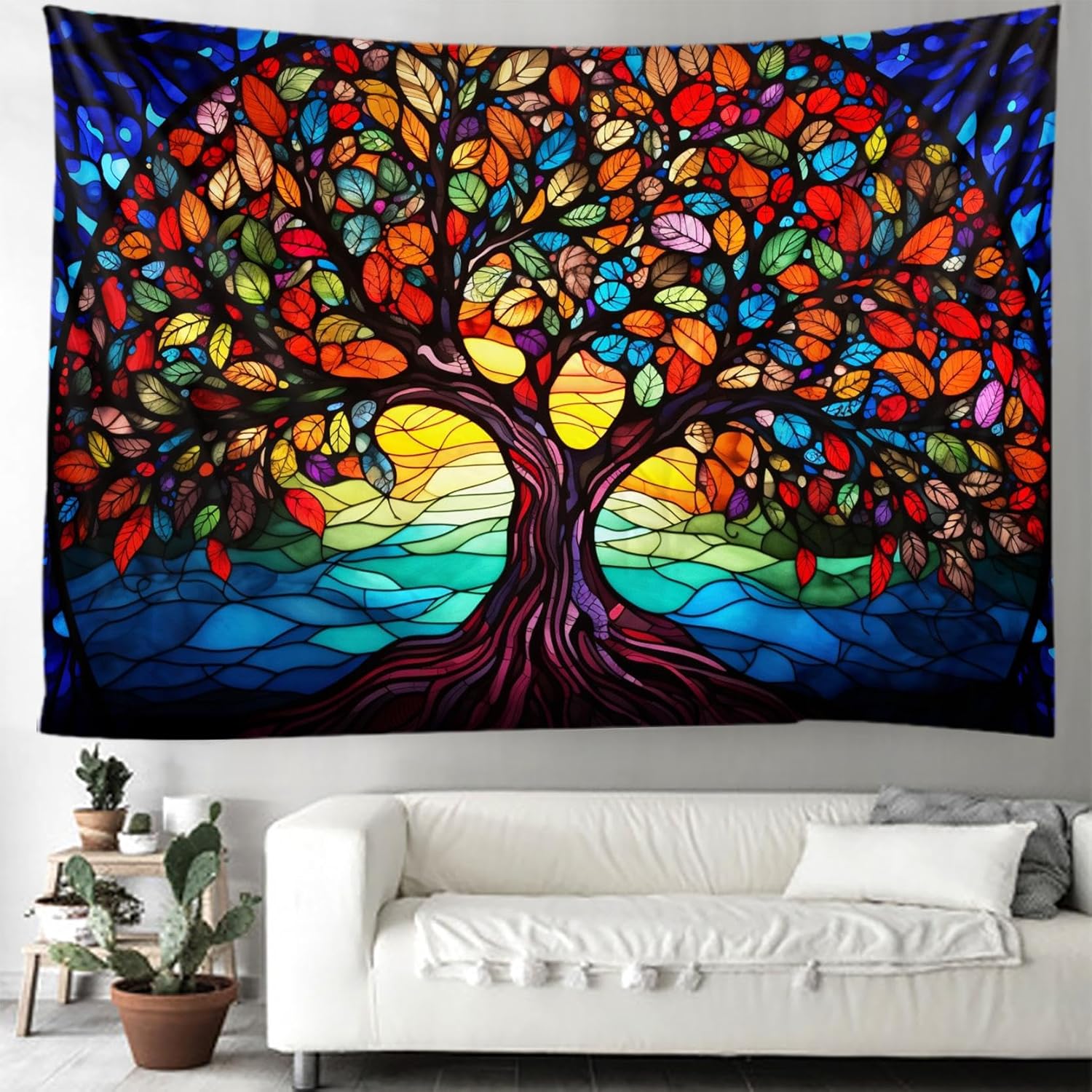 Tree of Life Wall Hanging Decor Tapestry with Stained Glass Colorful Wall Art Large Tapestry Mural Decor Photograph Backdrop Blanket Curtain Home Bedroom Living Room Decoration