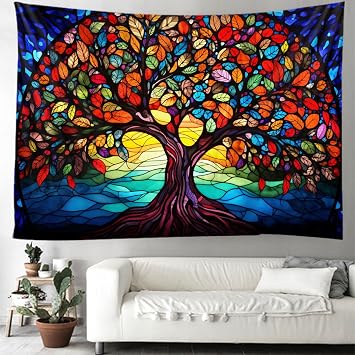 Tree of Life Wall Hanging Decor Tapestry with Stained Glass Colorful Wall Art Large Tapestry Mural Decor Photograph Backdrop Blanket Curtain Home Bedroom Living Room Decoration