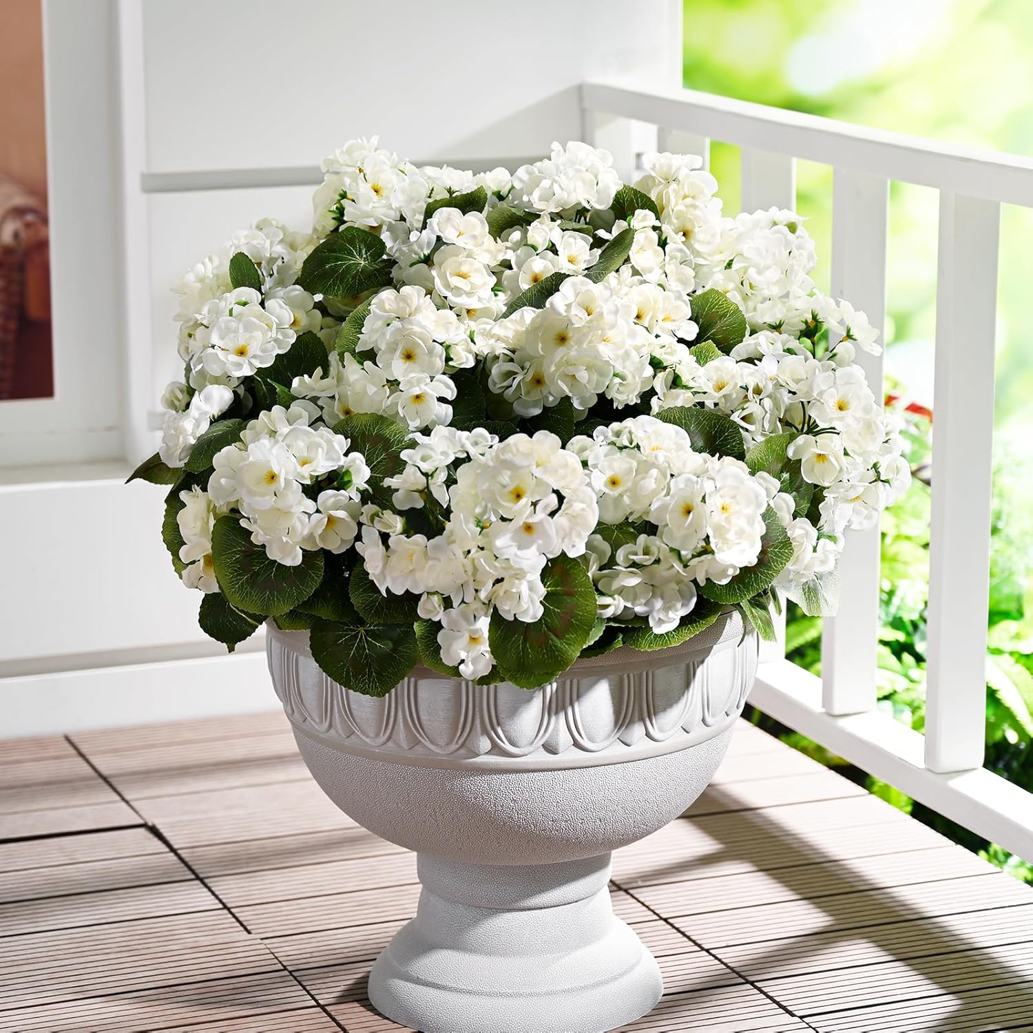 Waipfaru 6 Pcs Artificial Fake Flowers for Outdoors, Silk Geraniums White Flower, UV Resistant Outdoor Faux Plants for Garden Porch Planter Patio Balcony Yard Indoor Home Decoration (6, White)