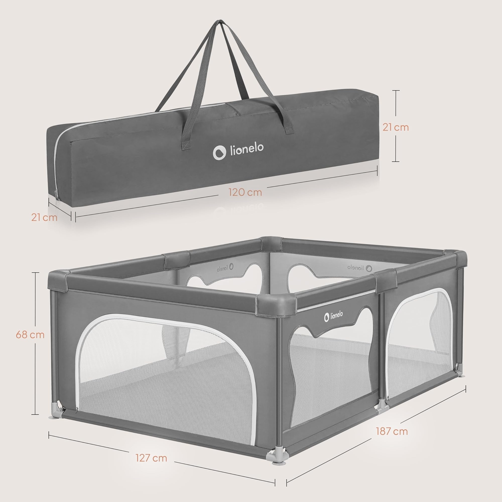 LIONELO WILLOW Parc pliant pour bébé, de 0 à 48 mois, grand espace 120 cm x 180 cm x 68 cm, parc pour bébé avec filet respirant, 2 entrées latérales zippées (Grey)