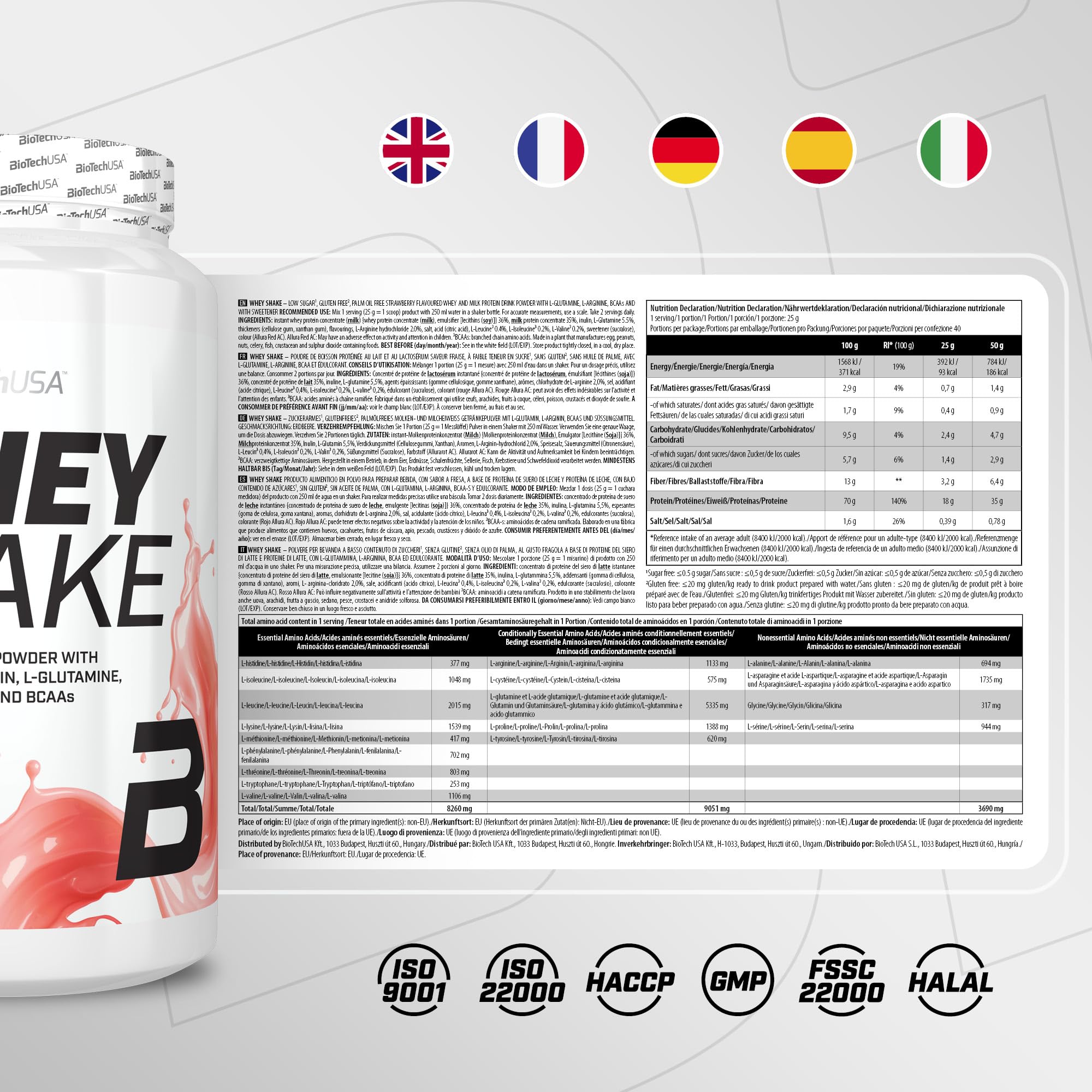 BioTechUSA Whey Shake | Protéine de lactosérum crémeuse au goût intense | BCAA et acides aminés ajoutés | Riche en fibres | Sans gluten | Texture crémeuse | 1000 g, Fraise