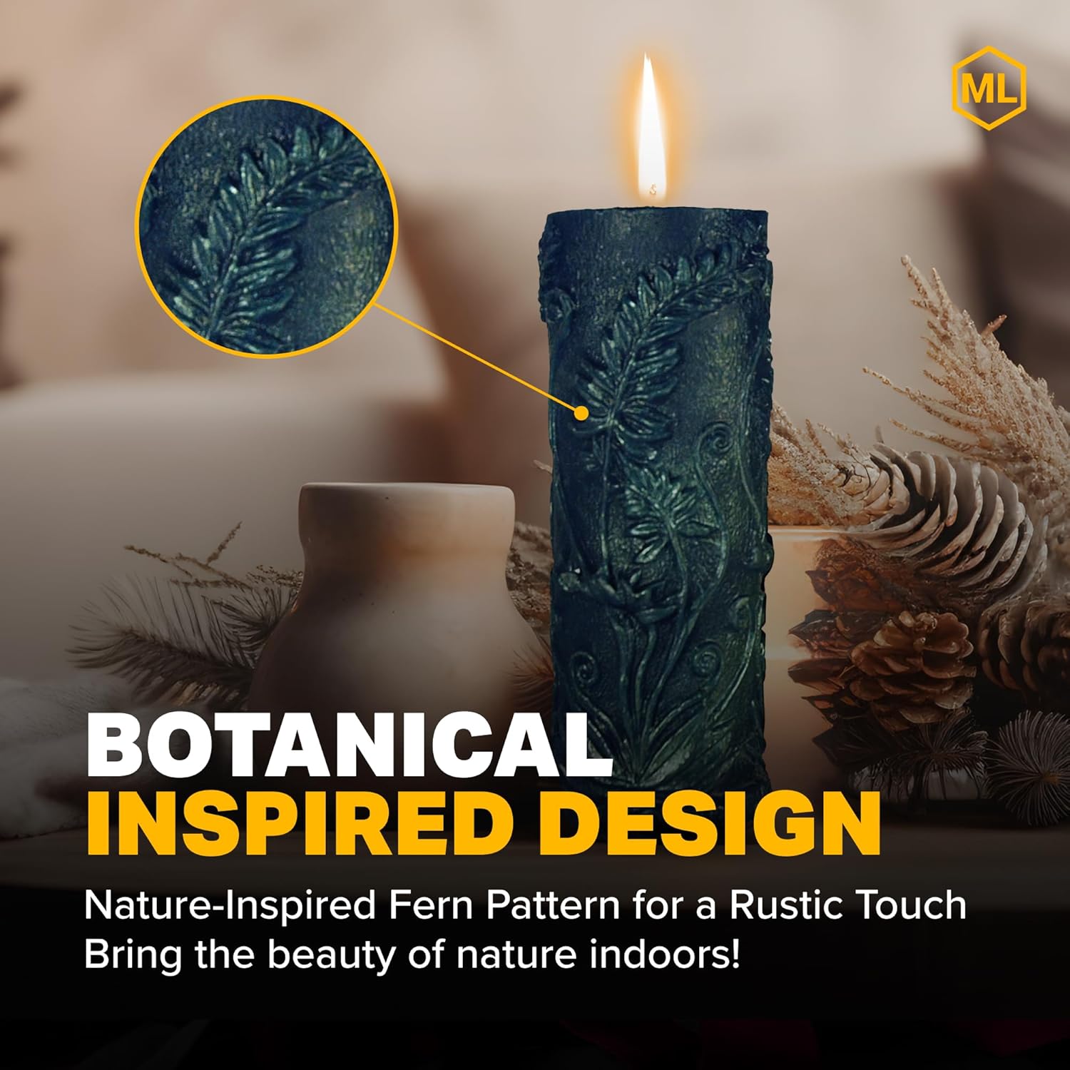 Mann Lake Rustic Fern Cylinder Candle Mold, Reusable Easy Release Flexible Mold with Artisan Botanical Leaf Pattern for DIY Handmade Candle Making, Rustic Vintage Natural Aesthetic Candle Projects