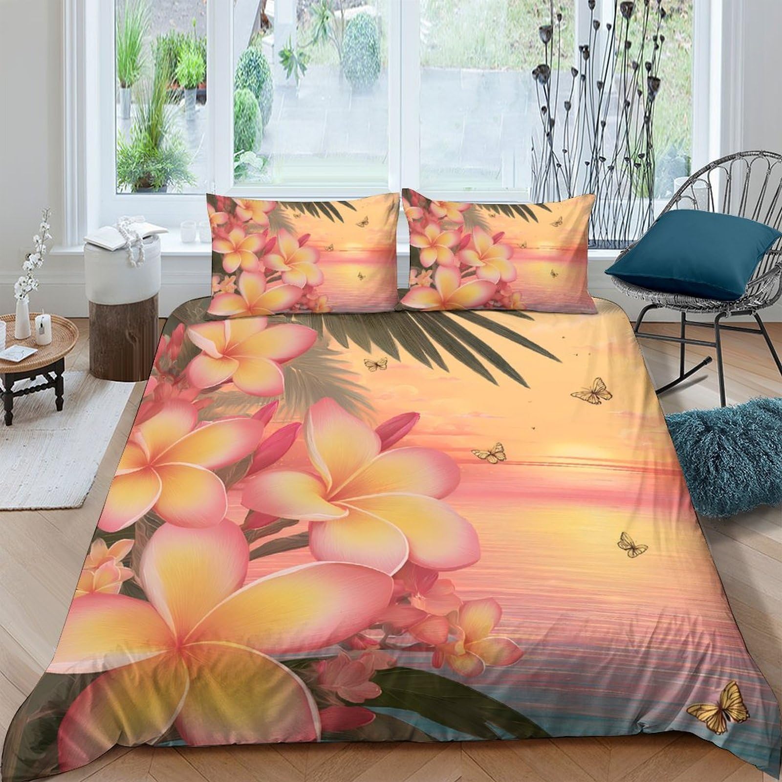 Ctjqhvkz Style-9 3D Printed Tropical Sunset Fitted Sheet Microfiber Soft Breathable Plumeria Flower Bed Cover For Bedroom Guest Room Decor Single（135X200cm）