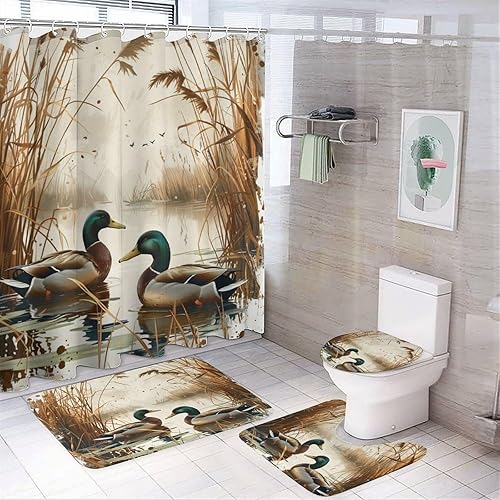 Juego de 4 cortinas de ducha vintage de lago salvaje, juego de cortinas de ducha con cubierta de tapa de inodoro, tapete en forma de U y alfombras