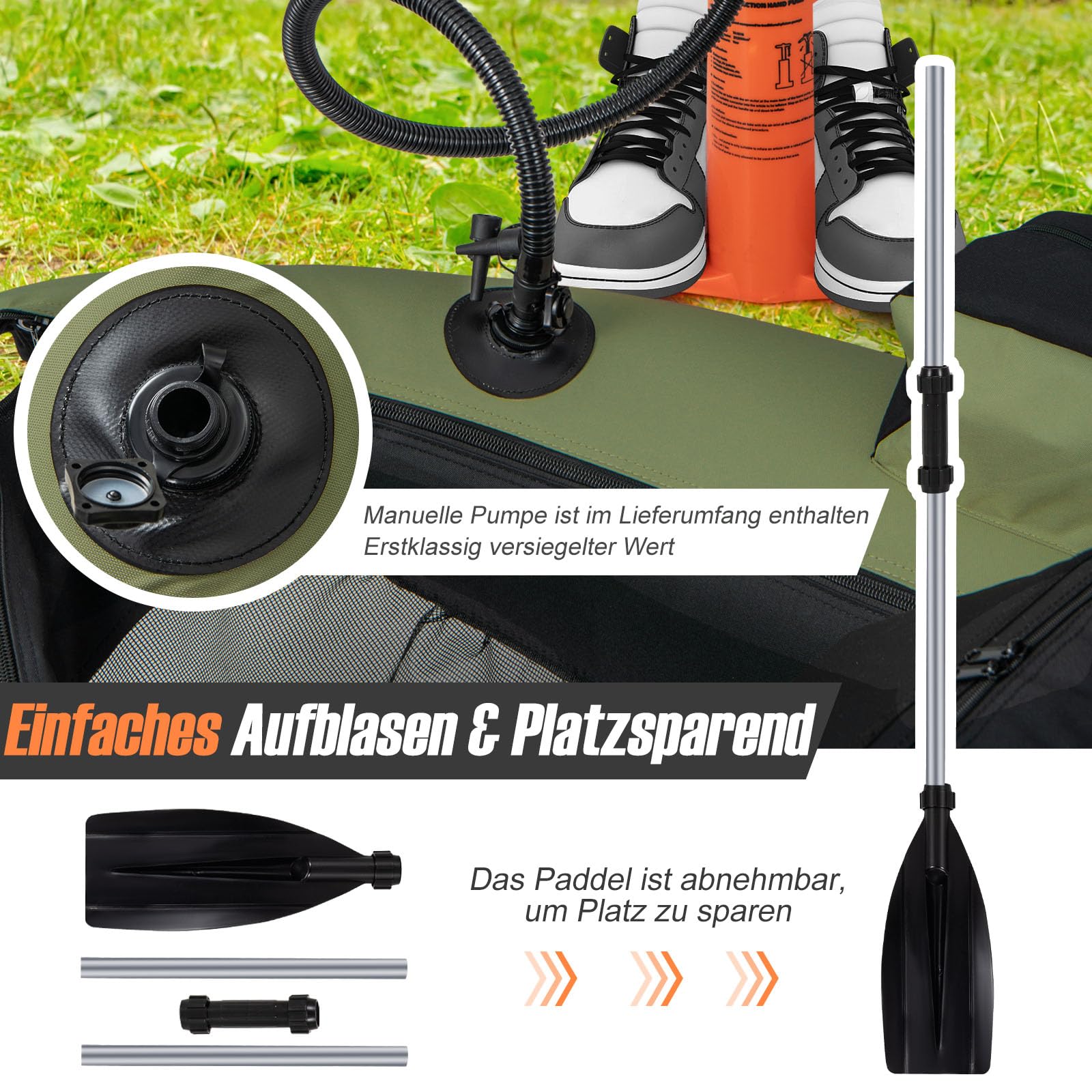 GOPLUS Bellyboot, Belly Boat o nośności do 150 kg, nadmuchiwana łódka do wędkowania z aluminiowym wiosłem, pompką, płetwami, linijką do ryb, uchwytem na wędkę i 2 szelkami, 135 x 109 x 54 cm