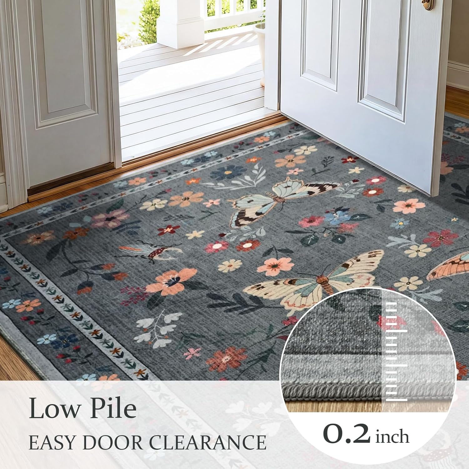 4x6 Area Rugs for Living Room Bedroom, Washable Butterfly Floral Insect Print Rug, Soft Ultra-Thin Non Slip Modern Carpet for Dining Office Kids Nursery Playroom Room Home Decor, Grey