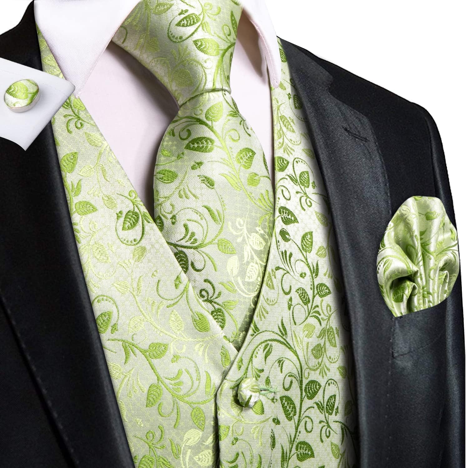 Dubulle Suit Vest and Tie Set Mens Grass Green Paisley Floral Silk V-neck Waistcoats for Men with Necktie Wedding Tuxedo - Image 2