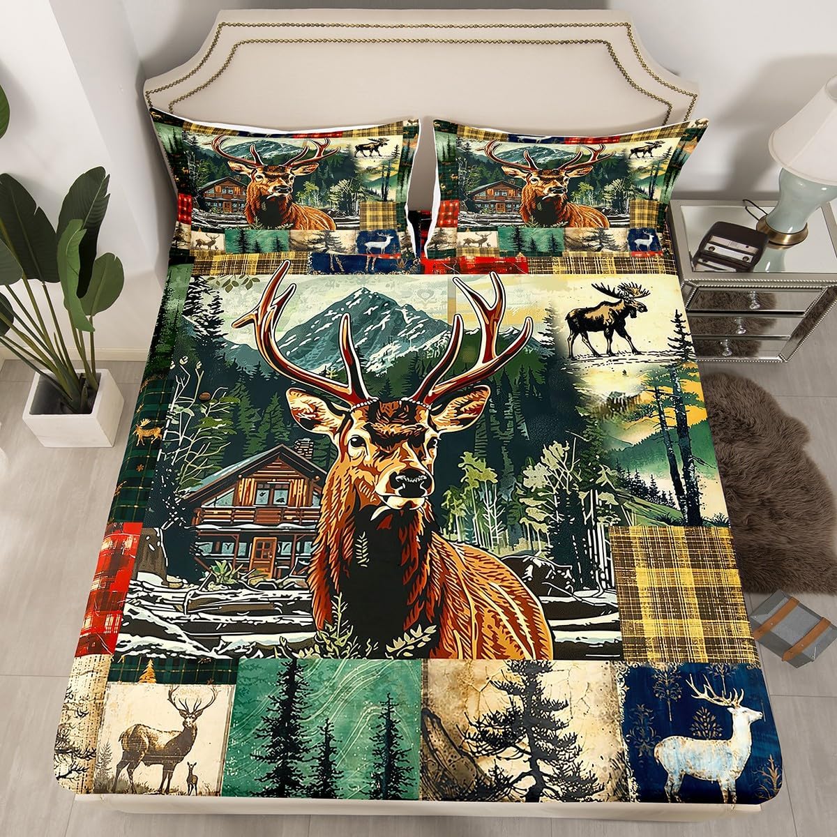 Moose Cabin Full Size Fitted Sheet,Retro Green Brown Plaids Grids Patchwork 3 Pieces Kids Teenager Room Decor Rustic Lodge Deer Wild Animal Hunting Pocket 2 Pillowcases