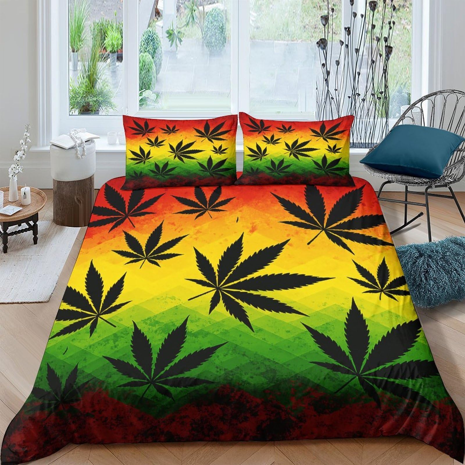 TUFRTGYHN 3D Printed Rasta Leaf Duvet Cover Microfiber Soft Breathable Reggae Bedding Set with 2 Pillowcases for Bedroom Decor Single（135x200cm）