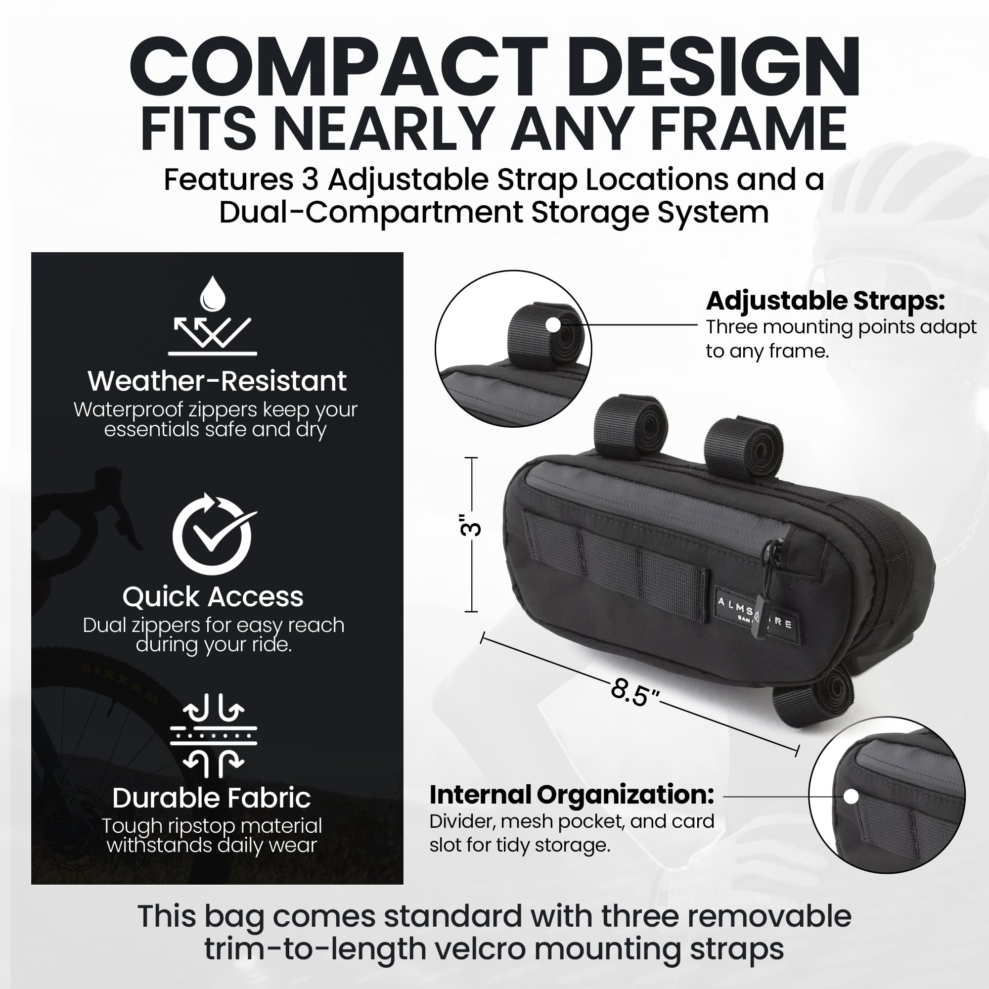 ALMSTHRE Compact Bike Frame Bag – Midnight Black | Weather-Resistant, Waterproof Zippers & Dual-Sided Access for Road, MTB, and Ebike Frames