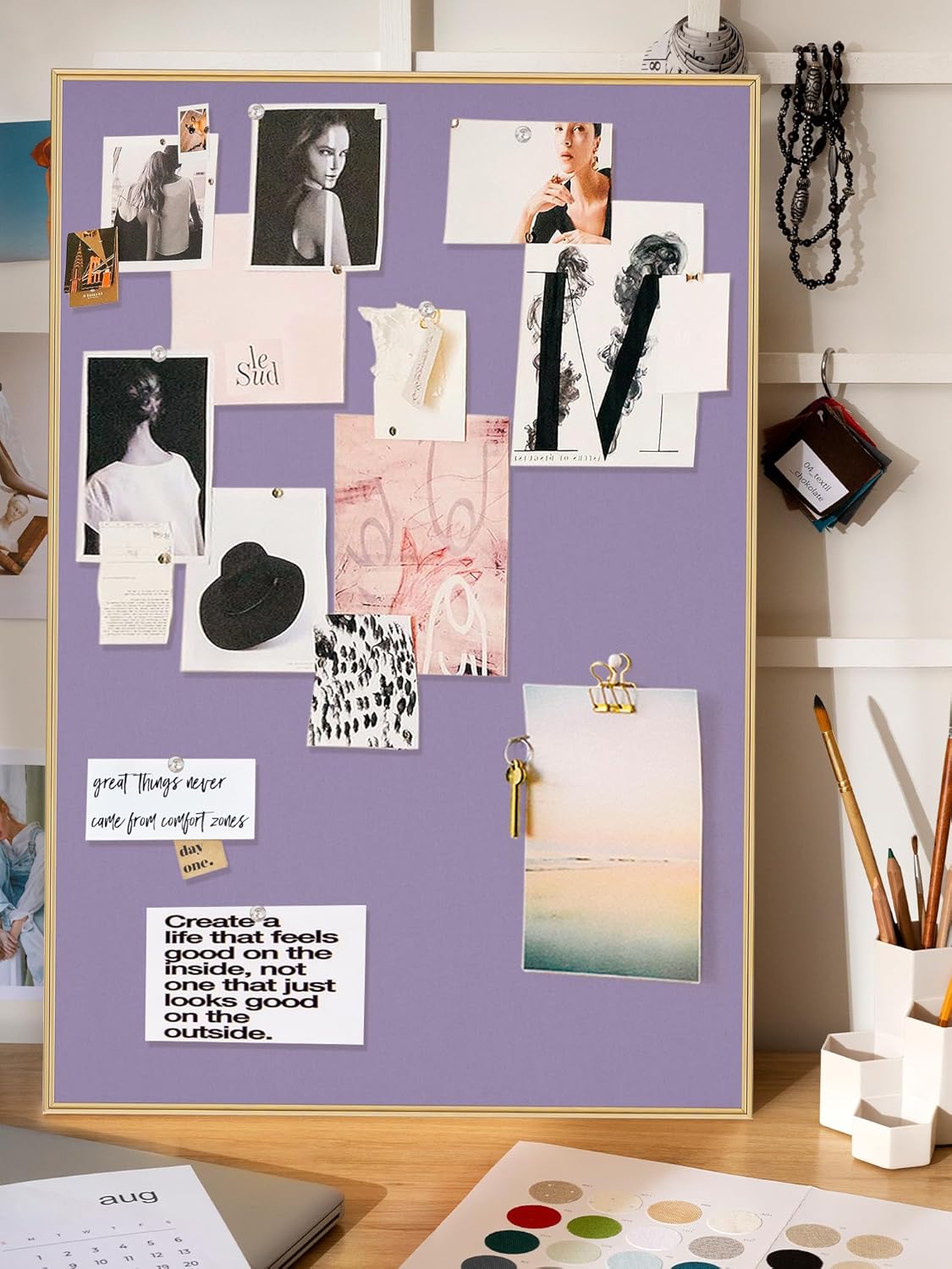Lightomorrow Bulletin Board 16 x 12 inches, Mystic Violet Pin Board, Golden Aluminum Framed Fabric Cork Board with 10 Push Pins