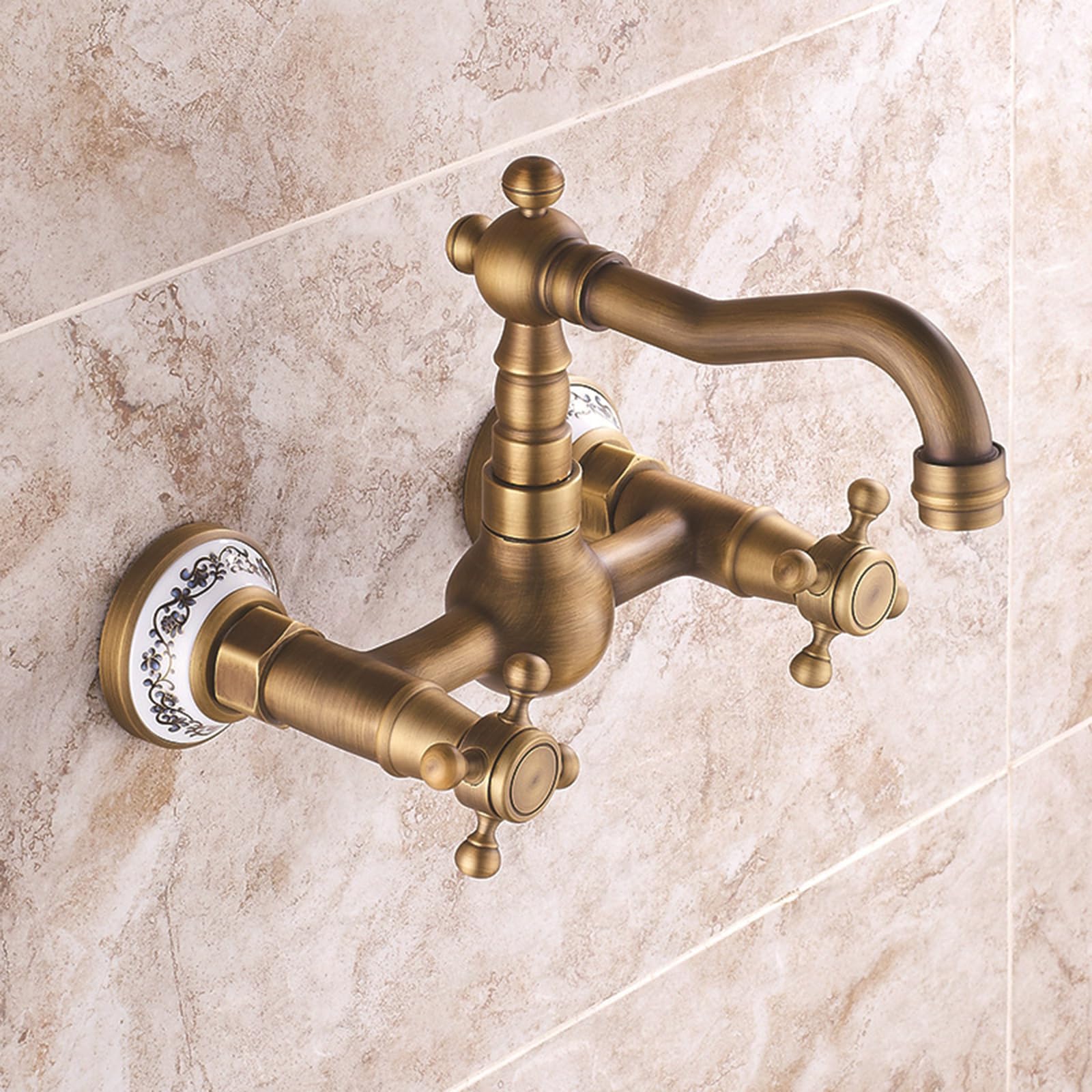 Wasserhahn Bad Mischbatterie Waschbecken Wandmontierte Waschtischarmatur antike Badezimmerarmatur viktorianische 2-Loch-Wandarmatur traditionelle Messing-Waschtischarmatur für Warm und Kaltwasser