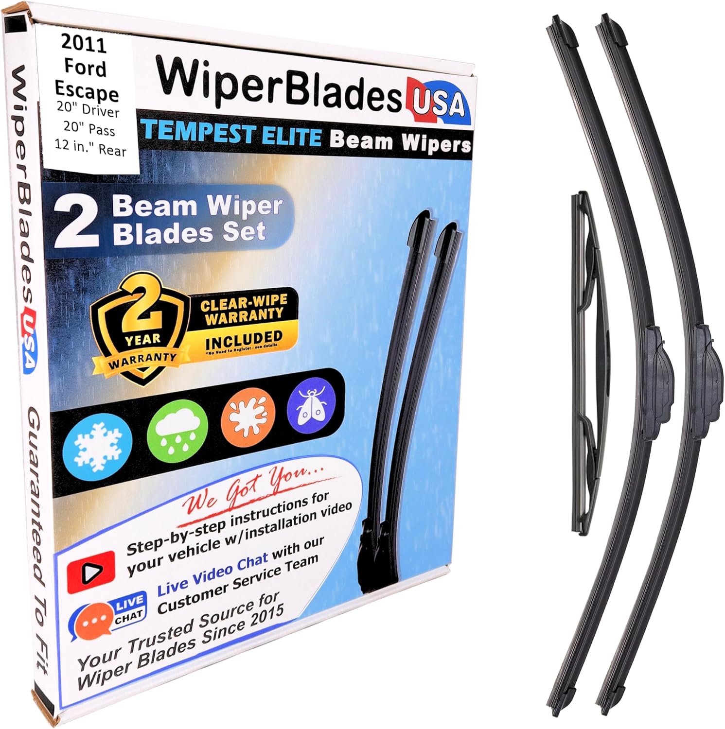 Beam Wiper Blades Set w/2yr Warranty compatible with Ford Escape 2011 (Set of 3) w/Rear Wiper Tempest Elite Wipers