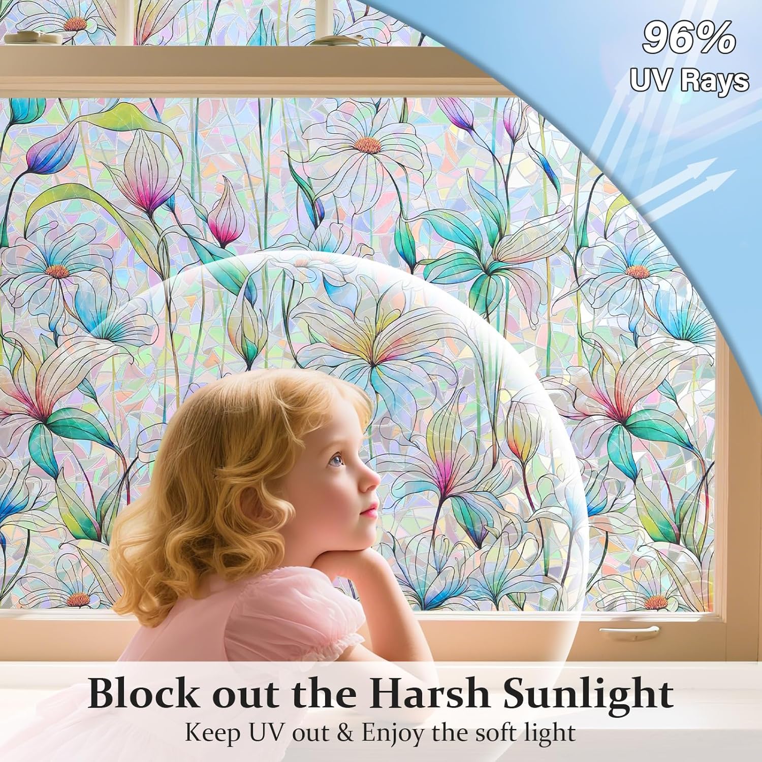 Donox Decorative Window Privacy Film, 3D Floral Stained Glass Window Film Static Cling Rainbow Privacy Sticker for Glass Door Heat Control Anti UV, No Adhesive (Magnolia,35.4 x 157.4 inches)