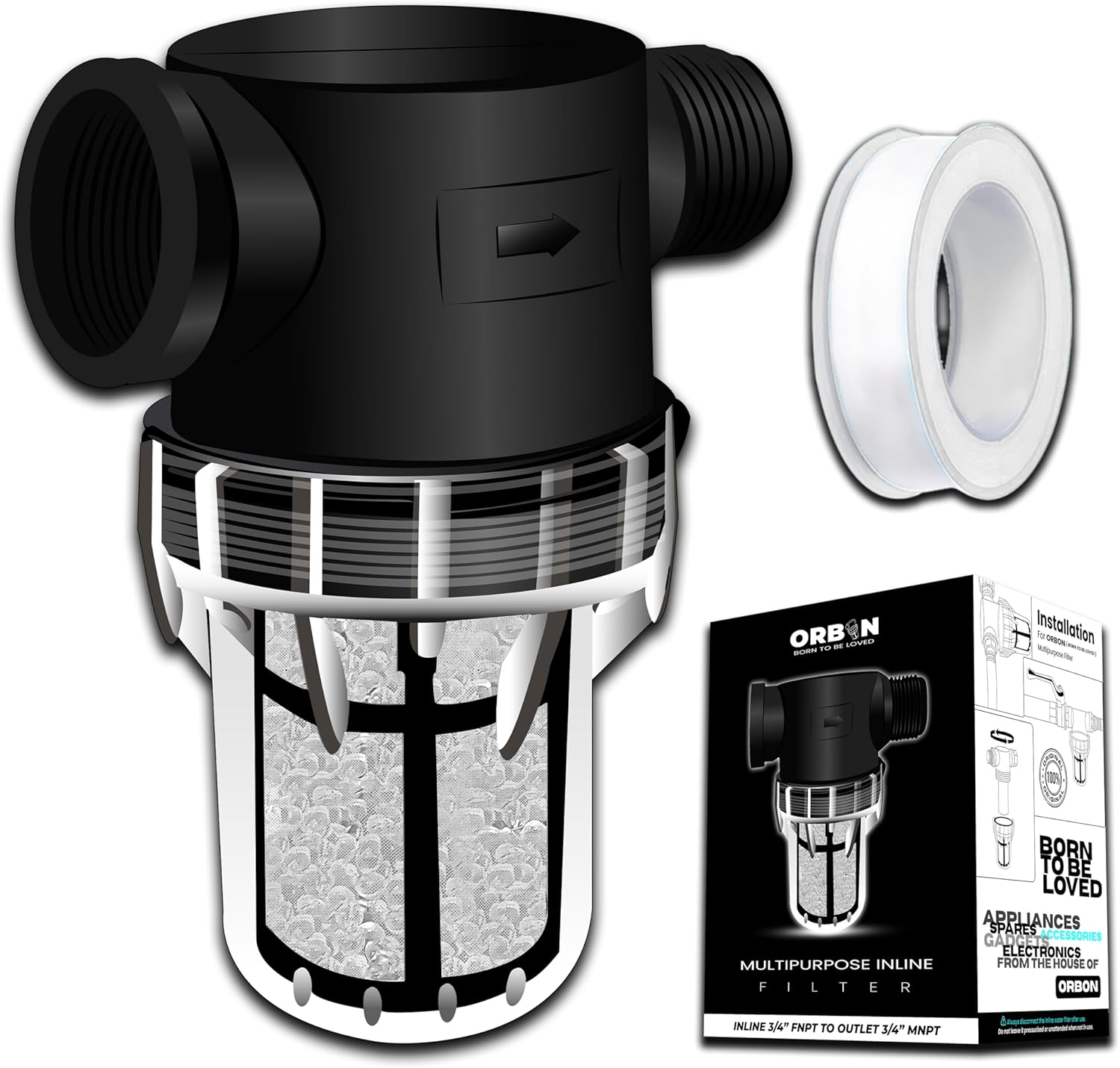 Inline Water Filter – 3/4" FNPT to MNPT, Fine Mesh Sediment Filter with Crystal Resin Balls for Whole House, Under Sink, Shower, Washing Machine, Garden Hose, Tap – Reusable Pre-Filter Strainer