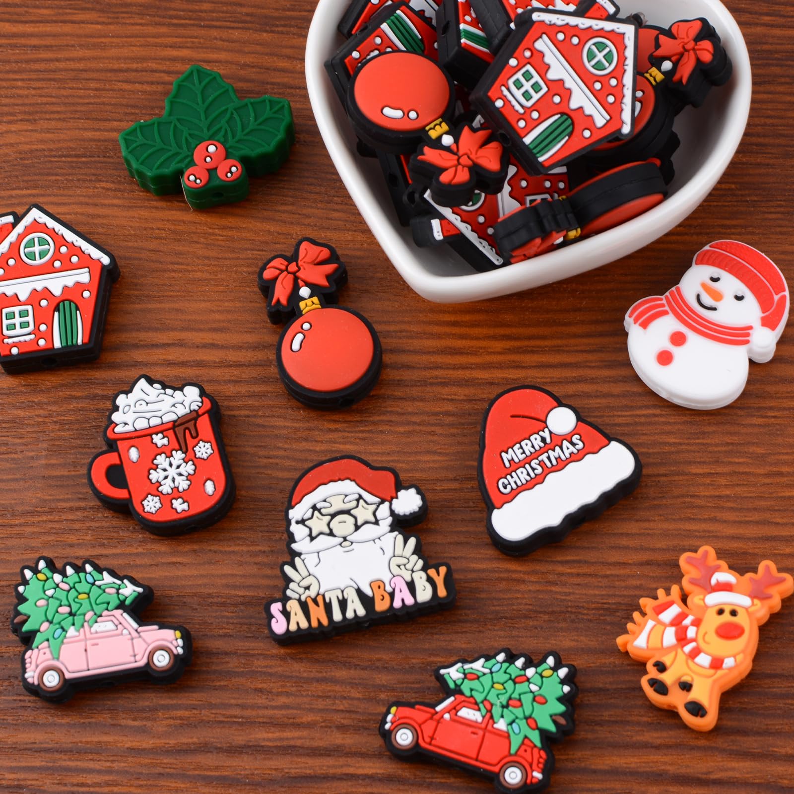 URROMA Christmas Silicone Beads, 20Pcs Irregular&Round Loose Beads with Santa Claus Snowman Shape Beads for Pen Lanyard Garland Making - Image 4
