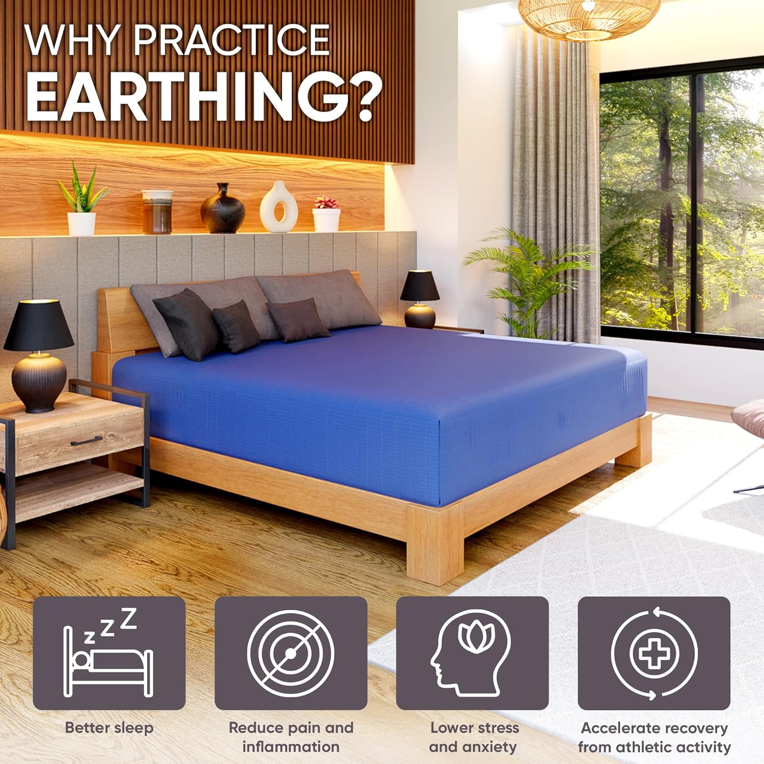 Grounding Sheets for Earthing - Premium Organic Cotton Grounding Bed Sheets w/ 15ft Cord & Outlet Checker - Machine Wash Deep Pocket Fitted Sheet for Queen Size Bed