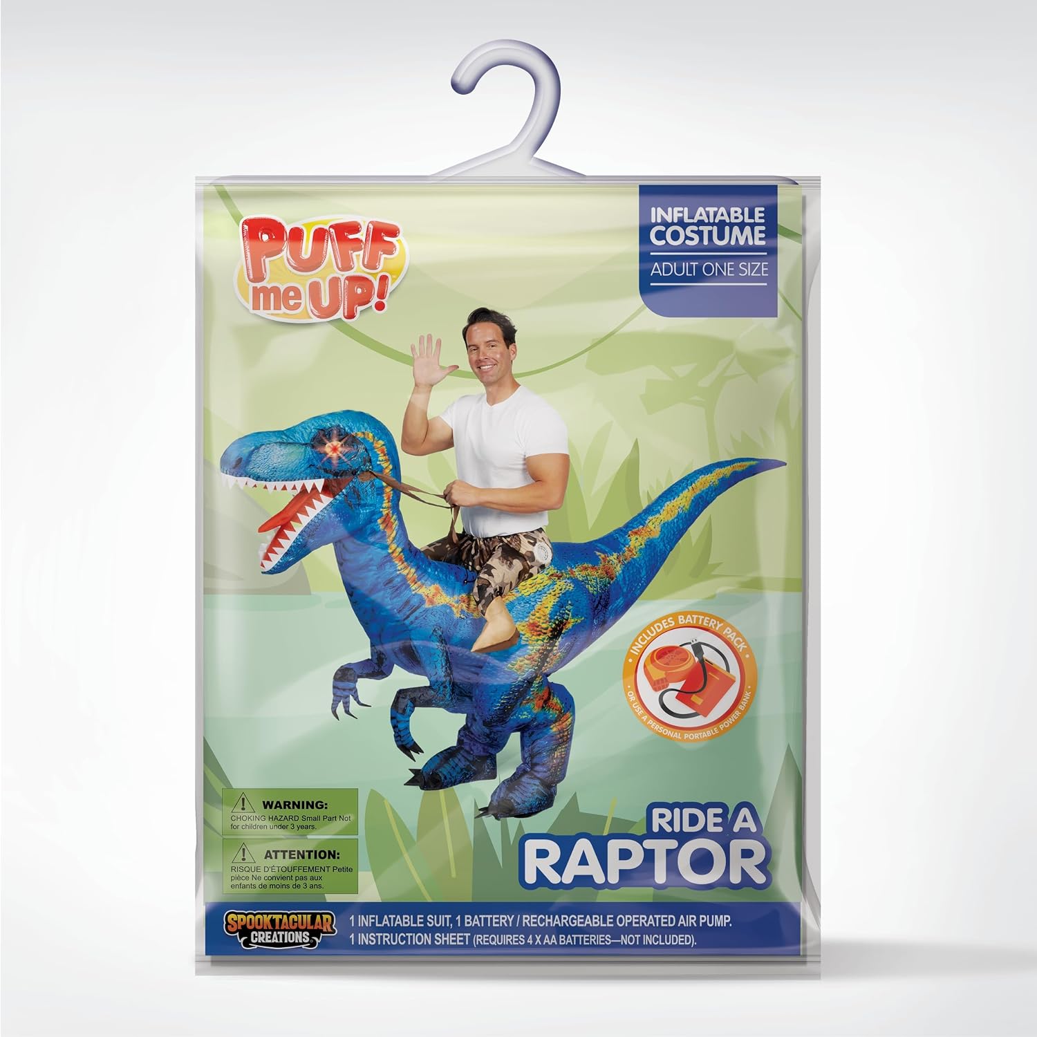 Spooktacular Creations Adult Inflatable Dinosaur Costume, Riding a Raptor, Printing T.rex Air Blow-ups with Light Eyes